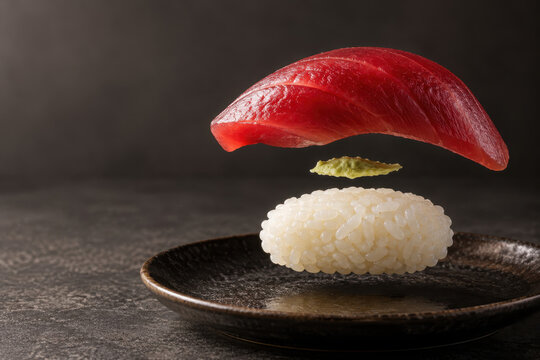 Floating Edomae Tuna Nigiri Presentation with Vibrant Colors and Textures