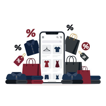 Online shopping app on smartphone with clothing bags and discount percentage symbols