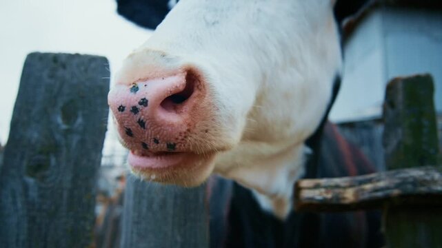 Cow snorts near wooden fence. Black and white markings cover its nose and lips. Animal looks directly at camera. Farm setting feels quiet and natural. Use for rustic farm or countryside themes