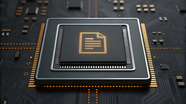 Microprocessor circuit board gold contact central document icon glows on dark microprocessor, creating sleek digital technology concept