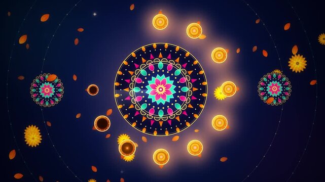 Diwali diya lamp mandala loop animation glowing religious celebration background design festive floral pattern motion graphics golden light decorative element cultural holiday tradition
