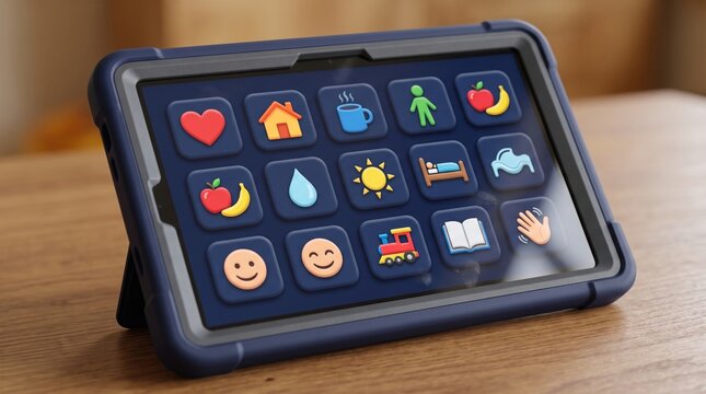 3dAccessibility & Inclusion abstract background design mew 2026 Child-friendly educational tablet interface with colorful icons and buttons illustration