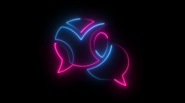 Pink and blue neon chat bubbles icon on dark background, glowing conversation symbol.