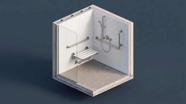 3dAccessibility & Inclusion abstract background design mew 2026 Modern walk-in shower with safety grab bars and bench for elderly or disabled access illustration