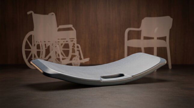 3dAccessibility & Inclusion abstract background design mew 2026 Wheelchair and chair with curved medical cushion on dark floor illustration