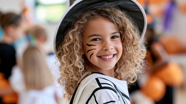 Children enjoying a Halloween party with face painting, spooky crafts, costume games, and candy stations, festive school hall, orange and purple decorations, October 31