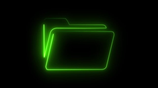 Green neon folder icon on dark background, glowing archive document symbol.