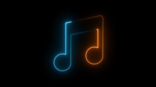 Orange and blue neon musical note icon on dark background, glowing audio song melody symbol.