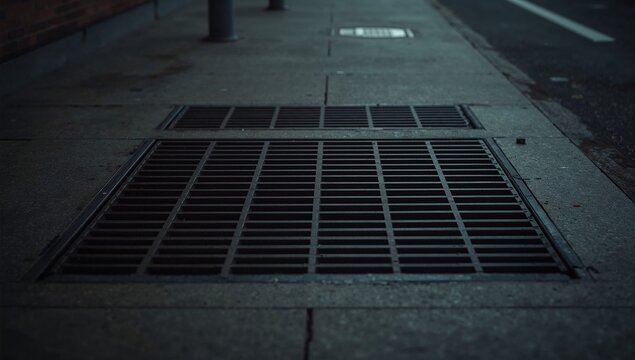 A metal grate on a sidewalk next to a fire hydrant, suitable for urban or cityscape scenes