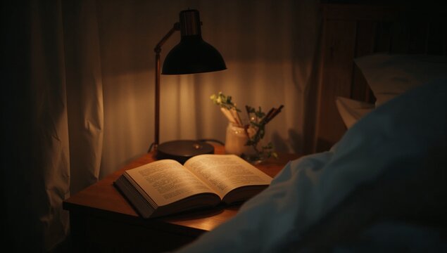 A book and lamp sitting on a table, perfect for studies or reading