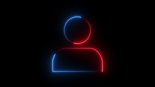 Red and blue neon user profile icon on dark background, glowing person symbol.