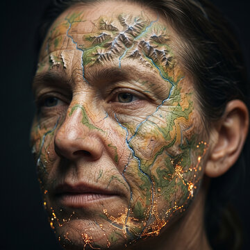 Woman with geographic map painted on her face looking serious  