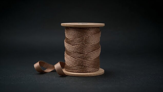 A wooden spool with a spool of brown thread