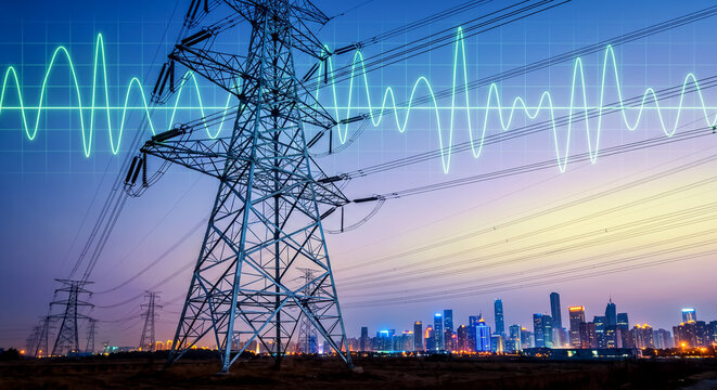 Electric power transmission tower with energy wave signals over city
