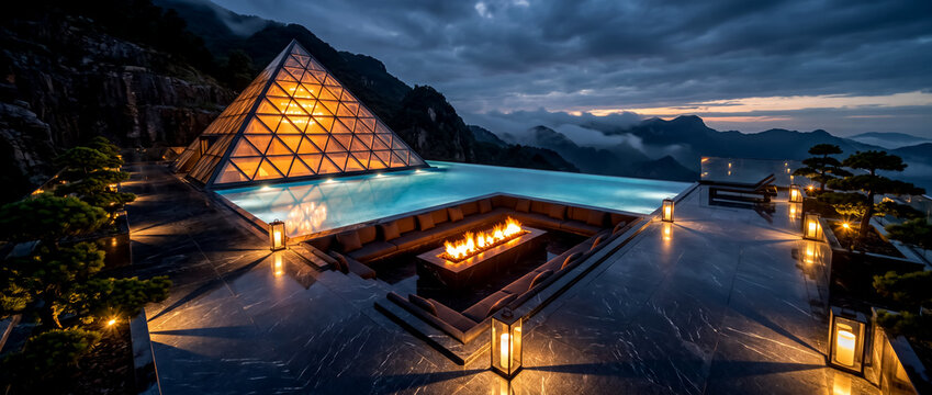 Luxury infinity pool with glass pyramid and fire pit at mountain