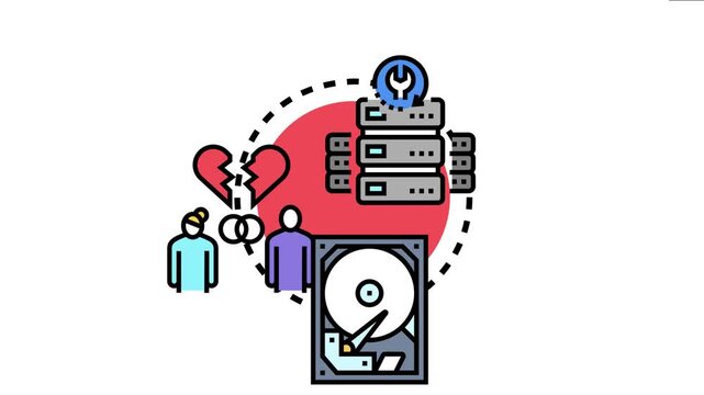 Illustrating partition principle concepts, separating data across multiple server racks, and dividing assets in personal relationships with a broken heart and a hard disk