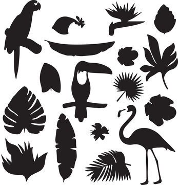 Tropical Animals Silhouette Set Flamingo Toucan Parrot And Palm Leaves Collection