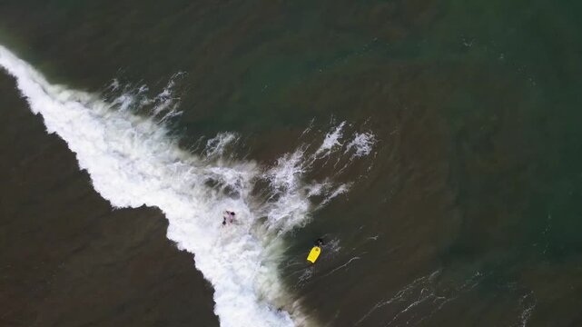Top-down drone shot of a male surfer skillfully riding a greenish sea wave, while the white foam creates a contrast against the seabed of El Murcielago Beach in Manabi, Ecuador.