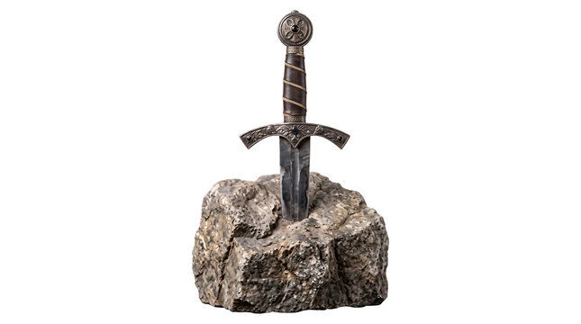 Legendary sword excalibur in stone object is mythic fantasy weapon or ancient historical artifact.
