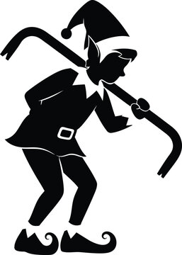 Black silhouette of a christmas elf holding a heavy crowbar