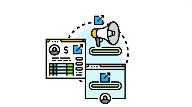 Partner referral profits concept showing a megaphone broadcasting a message, connecting to two browser windows indicating user acquisition, tracking, and the generation of affiliate program income