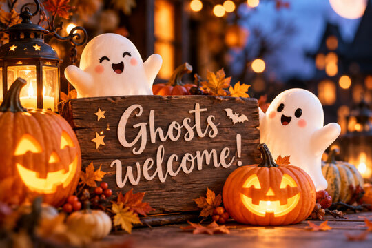 Halloween night scene with friendly ghost figures, jack-o-lanterns and lantern near Ghosts Welcome board.