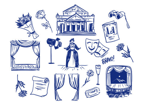 Theater element set: mask symbols, curtain; hand drawn vector sketch one color illustrations.