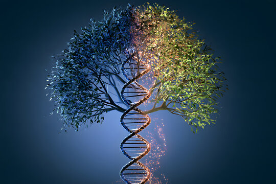 A conceptual depiction of the evolutionary tree, merging natural and synthetic DNA strands to represent the integration of biology and bioengineering, exploring the evolution of life forms and genetic