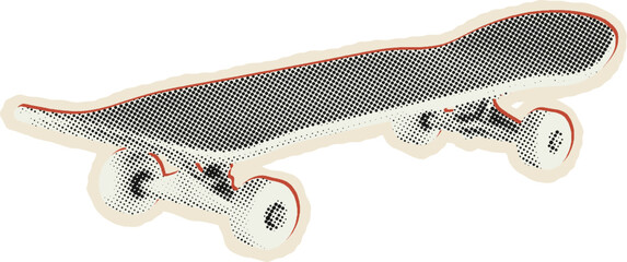 Classic wooden skateboard deck with four wheels, rendered in a halftone dot pattern style on a white background, isolated, side profile view © ANTOR SARKER 