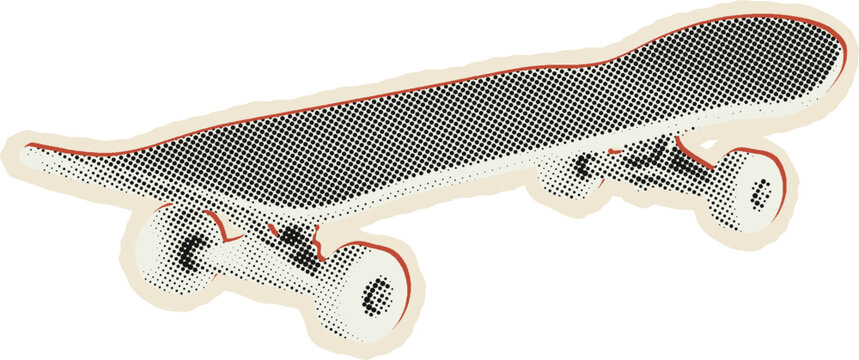 Classic wooden skateboard deck with four wheels, rendered in a halftone dot pattern style on a white background, isolated, side profile view
