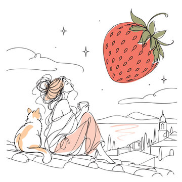 Woman with Cat Enjoying Coffee Under a Giant Strawberry
