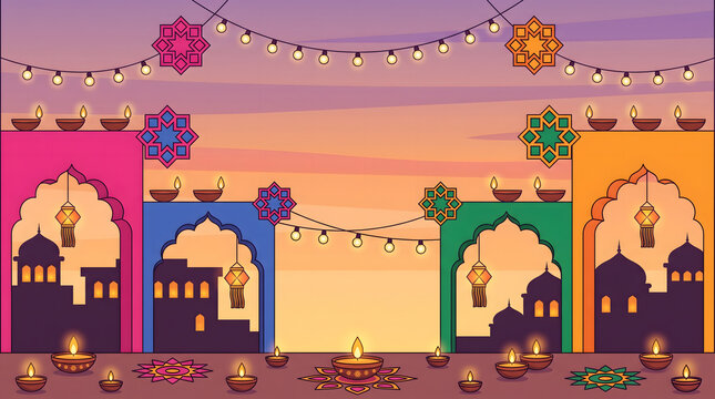 Colorful Diwali festival background with ornate arches, lit diyas, hanging kandil lanterns, string lights, rangoli and city silhouettes at sunset, flat vector animation with copy space