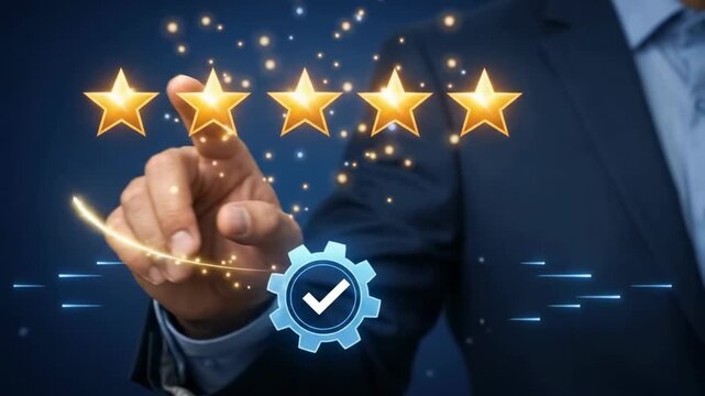 Businessman pointing at five glowing golden review stars and verified quality gear checkmark