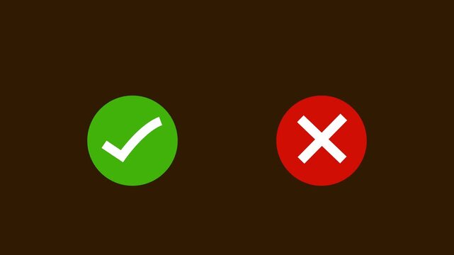 nimated green checkmark and red x cross symbols set on a dark blue background, highlighting choice, decision making, correct or incorrect status, approval, rejection, validation, and feedback.4k video