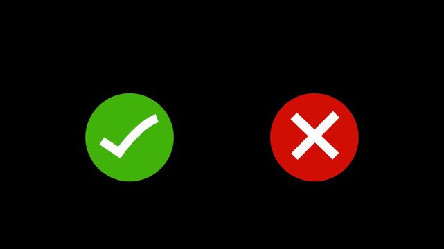 nimated green checkmark and red x cross symbols set on a dark blue background, highlighting choice, decision making, correct or incorrect status, approval, rejection, validation, and feedback.4k video