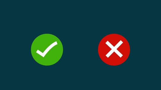 nimated green checkmark and red x cross symbols set on a dark blue background, highlighting choice, decision making, correct or incorrect status, approval, rejection, validation, and feedback.4k video