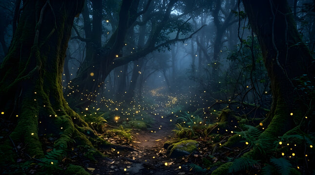 Enchanted forest path at night with glowing fireflies illuminating