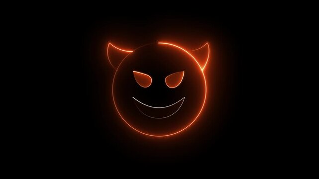 glowing neon demon emoticon. devil with grin face ,mockery emoticon, on a transparent background. motion graphic of a devil concept.