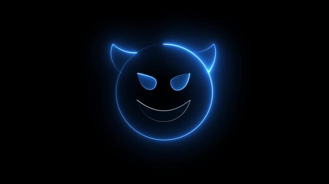 glowing neon demon emoticon. devil with grin face ,mockery emoticon, on a transparent background. motion graphic of a devil concept.