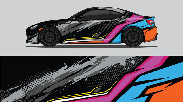 Car Wrap Design with Dynamic Racing Livery in Black Pink Blue Orange Yellow