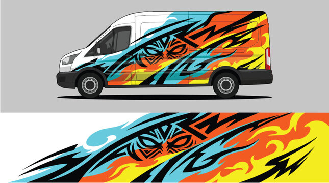 Car Wrap Design with Flaming Skull Decal in Orange Blue Yellow Black