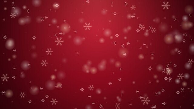 Christmas Falling Snowflakes and Golden Bokeh Lights on Red Background Motion Loop 4K