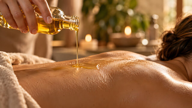 Golden massage oil flows from a small glass bottle onto the bare back of a woman lying face down on a spa table, with a towel and warm candlelight surrounding the treatment preparation scene.