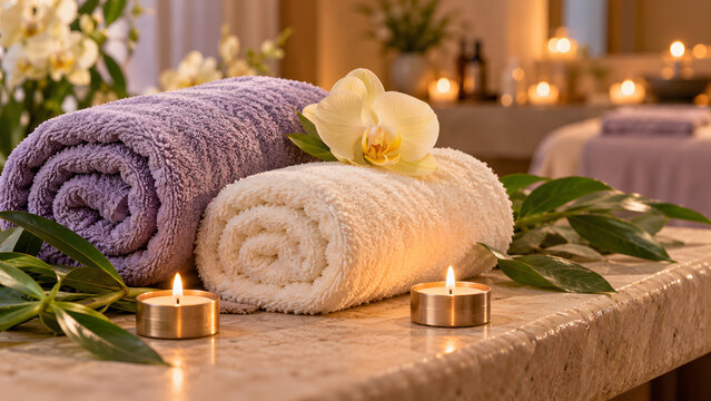 Lavender and cream rolled spa towels rest on a stone counter beside a pale orchid, green leaves and small burning candles, forming a quiet wellness still life in a warmly illuminated treatment room.