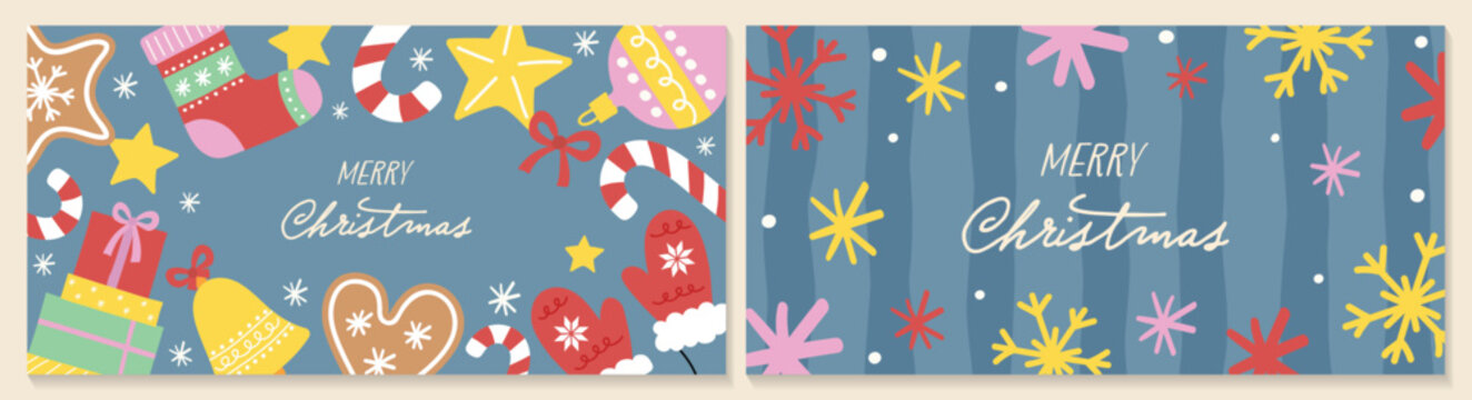 Christmas greeting card collection with cute hand drawn elements. Vector illustration
