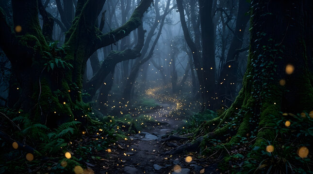 Enchanted forest path at night with glowing fireflies floating