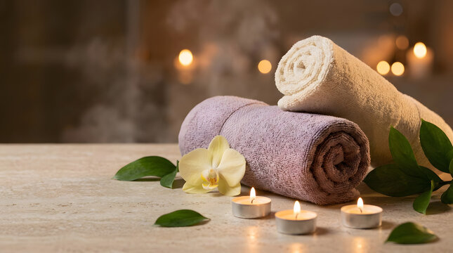 Cream and lavender towels are rolled beside a white orchid and three glowing tealight candles on a pale stone tabletop, with scattered leaves and blurred spa lighting behind the wellness arrangement.