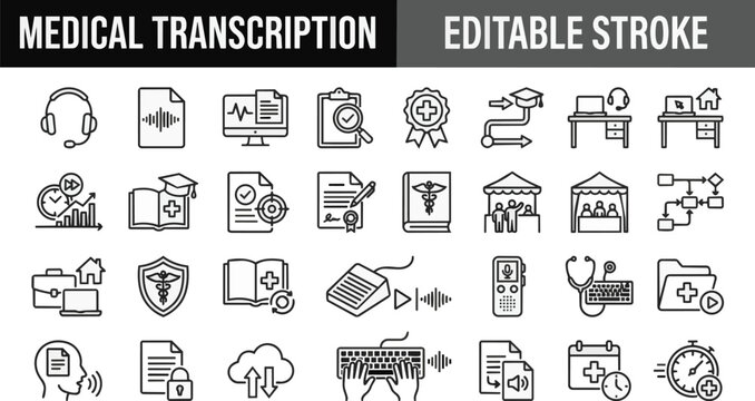Medical transcription linear icon on transparent background Editable Stroke. vector Illustration