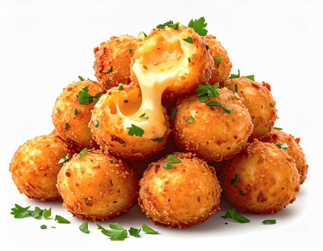 Fried snacks with a gooey cheesy center, white background. AI