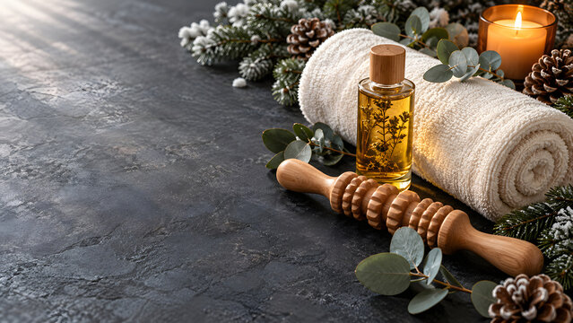 Massage oil in a corked glass bottle sits beside a white rolled towel, a wooden massage roller and winter greenery on dark stone, with pine cones and a candle creating a seasonal wellness arrangement.